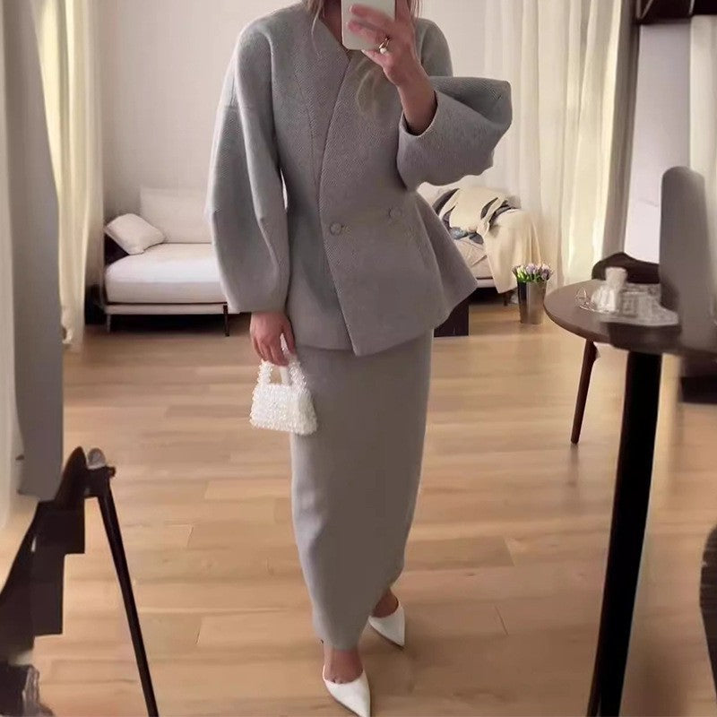 Women's Solid Color Button-Down Puff Sleeve Top & Skirt Set - Two-Piece Sophisticated Dress Suit