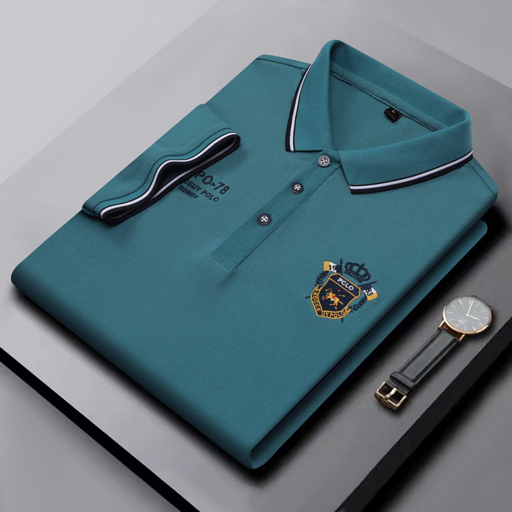Men's Classic Embroidered Cotton Short-Sleeve Polo - Casual Solid Color Lapel Shirt