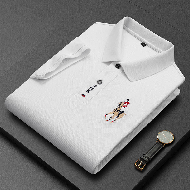 Men's Classic Embroidered Cotton Short-Sleeve Polo - Casual Solid Color Lapel Shirt