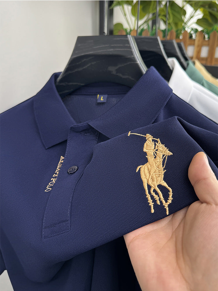 Men's Classic Embroidered Cotton Short-Sleeve Polo - Casual Solid Color Lapel Shirt
