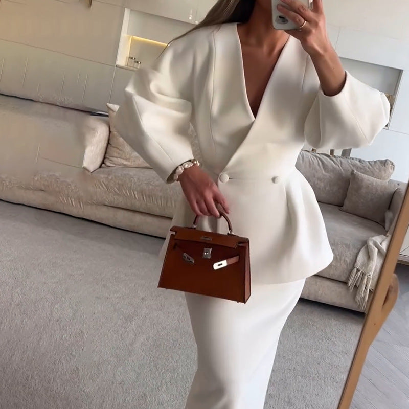 Women's Solid Color Button-Down Puff Sleeve Top & Skirt Set - Two-Piece Sophisticated Dress Suit