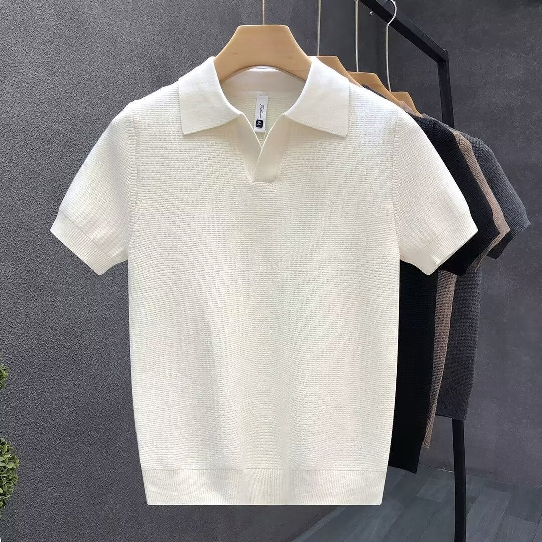 Men's Premium Knitted Lapel Short-Sleeve Polo - Slim Fit Half-Sleeve Summer Base Layer
