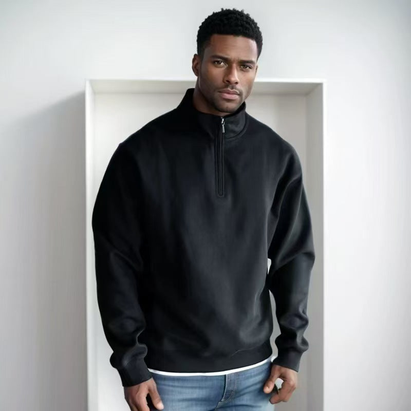 Men's Loose Fit Half-Zip Stand-Collar Pullover Sweatshirt - Casual Plus Size Fleece Hoodie