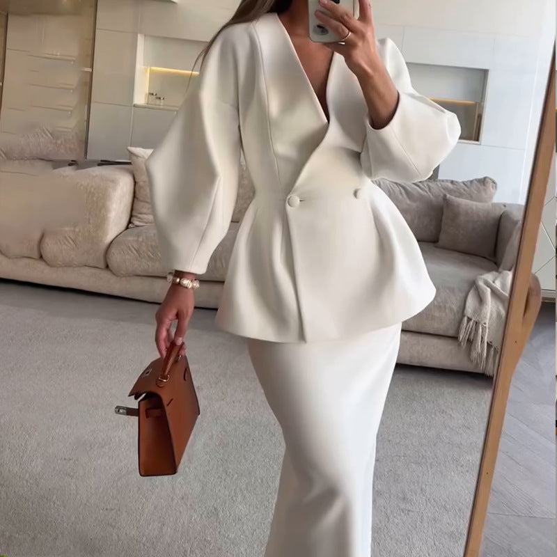 Women's Solid Color Button-Down Puff Sleeve Top & Skirt Set - Two-Piece Sophisticated Dress Suit