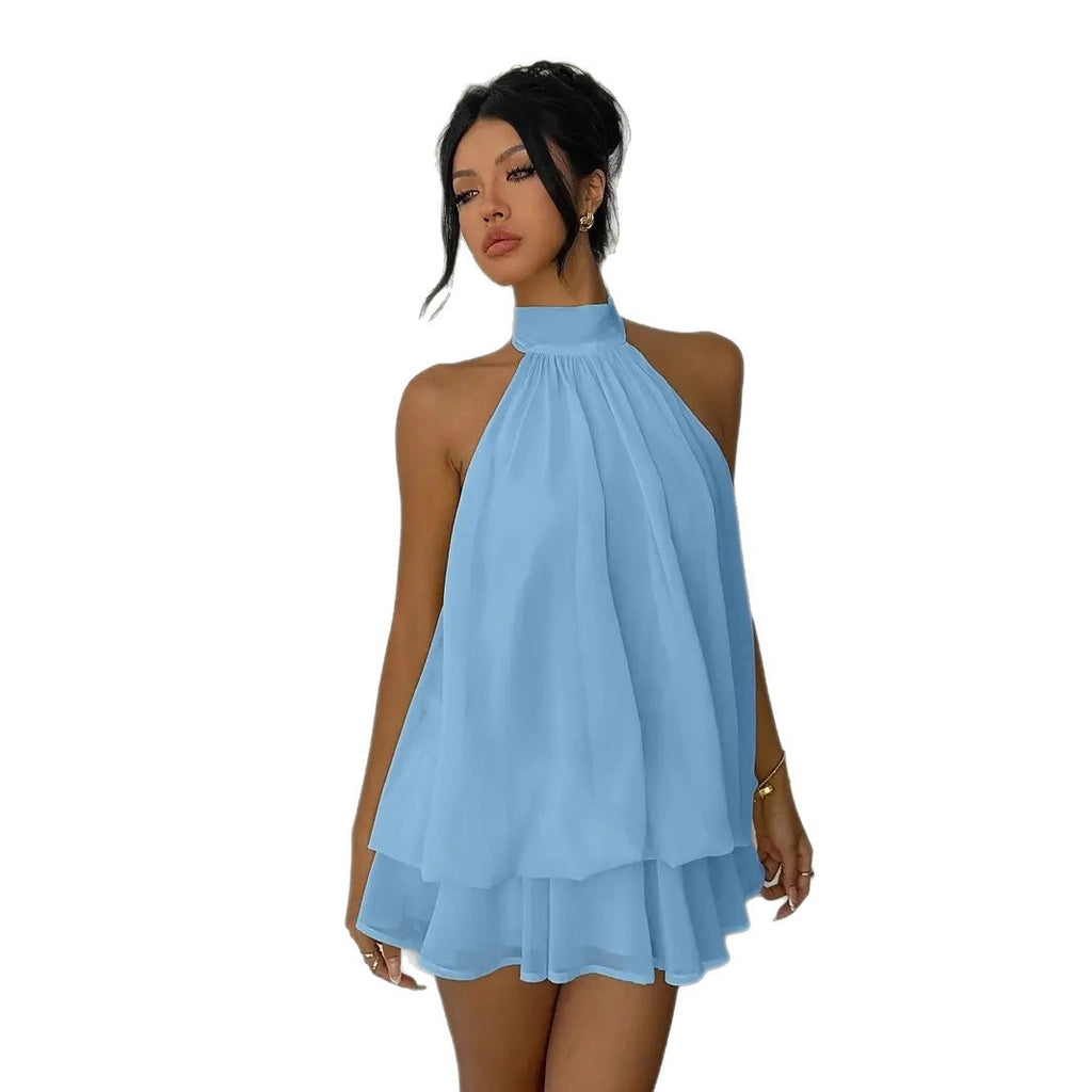 Women's Open-Back Halterneck Lace-Up Waist Puffy Mini Dress | XS–XXL
