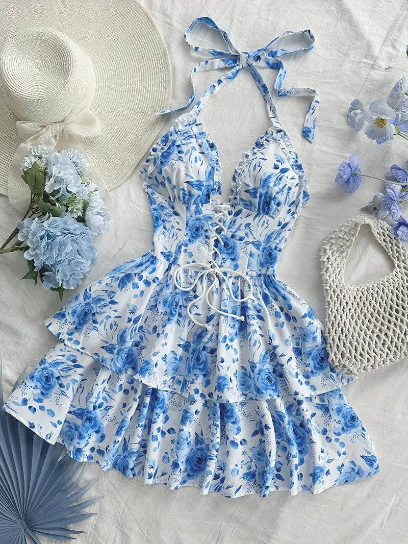Women's Resort-Style Watercolour Rose Print Tie-Collar Dress – Retro Floral Summer Dress | 5 Colours | S–XXL