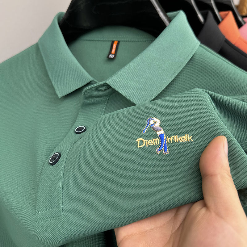 Men's Classic Embroidered Cotton Short-Sleeve Polo - Casual Solid Color Lapel Shirt