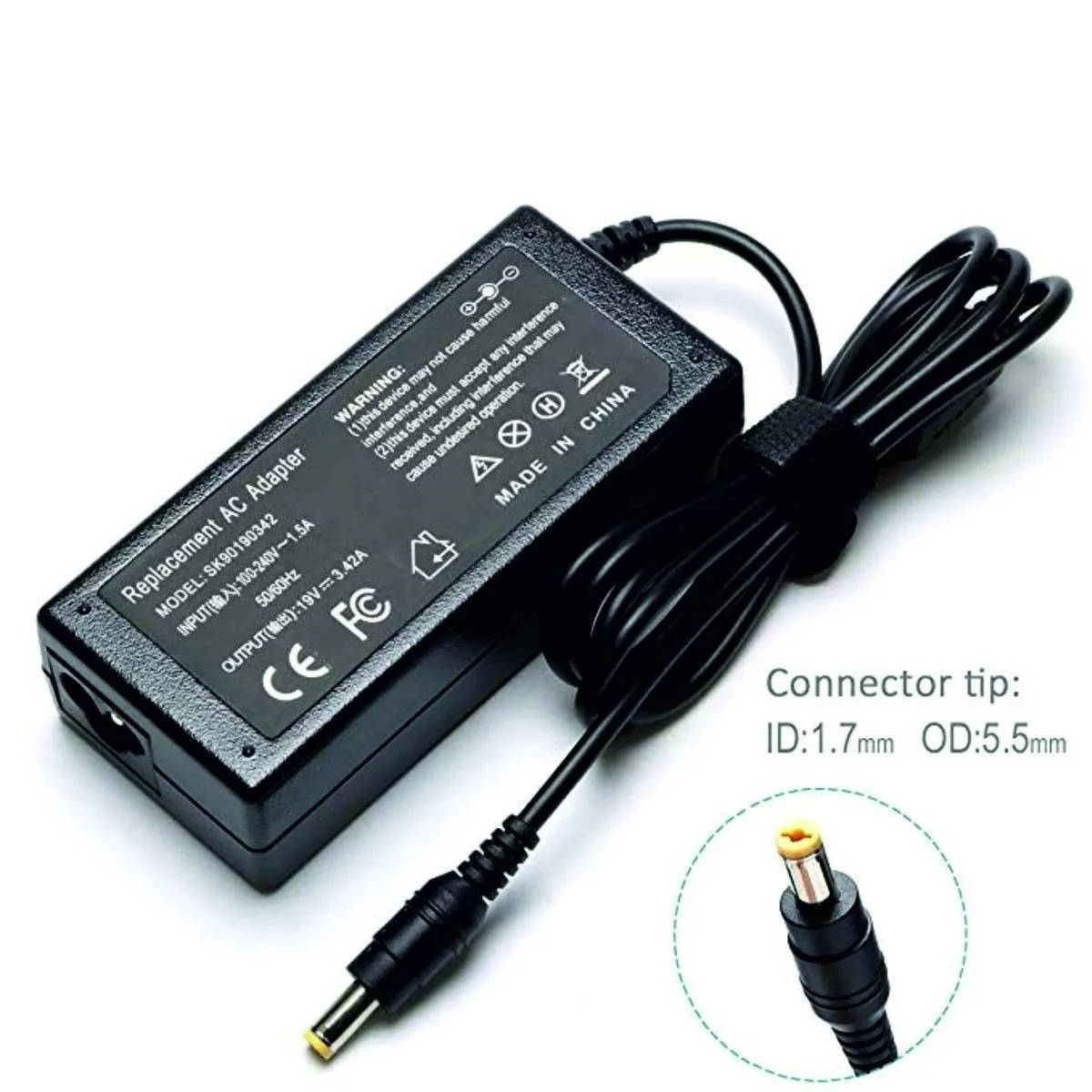 Universal Replacement Laptop Power Adapter - 5.5mm x 1.7mm Big Yellow Pin Charger