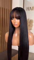 Long Silky Straight Wig with Fringe Bangs - Natural Black Human Hair